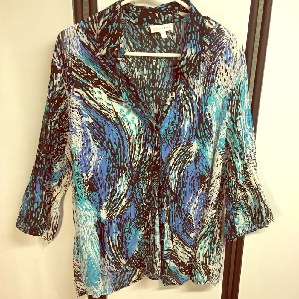Fashion Bug SZ 1X Blue Multicolor Dot Button Shirt